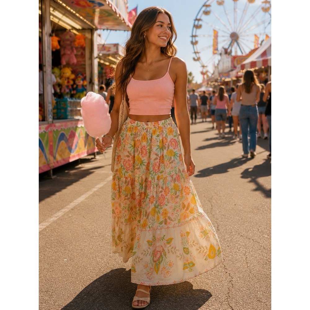 Rachel Zoe Cotton Tiered Floral Maxi Skirt Boho Cottagecore‎ Small